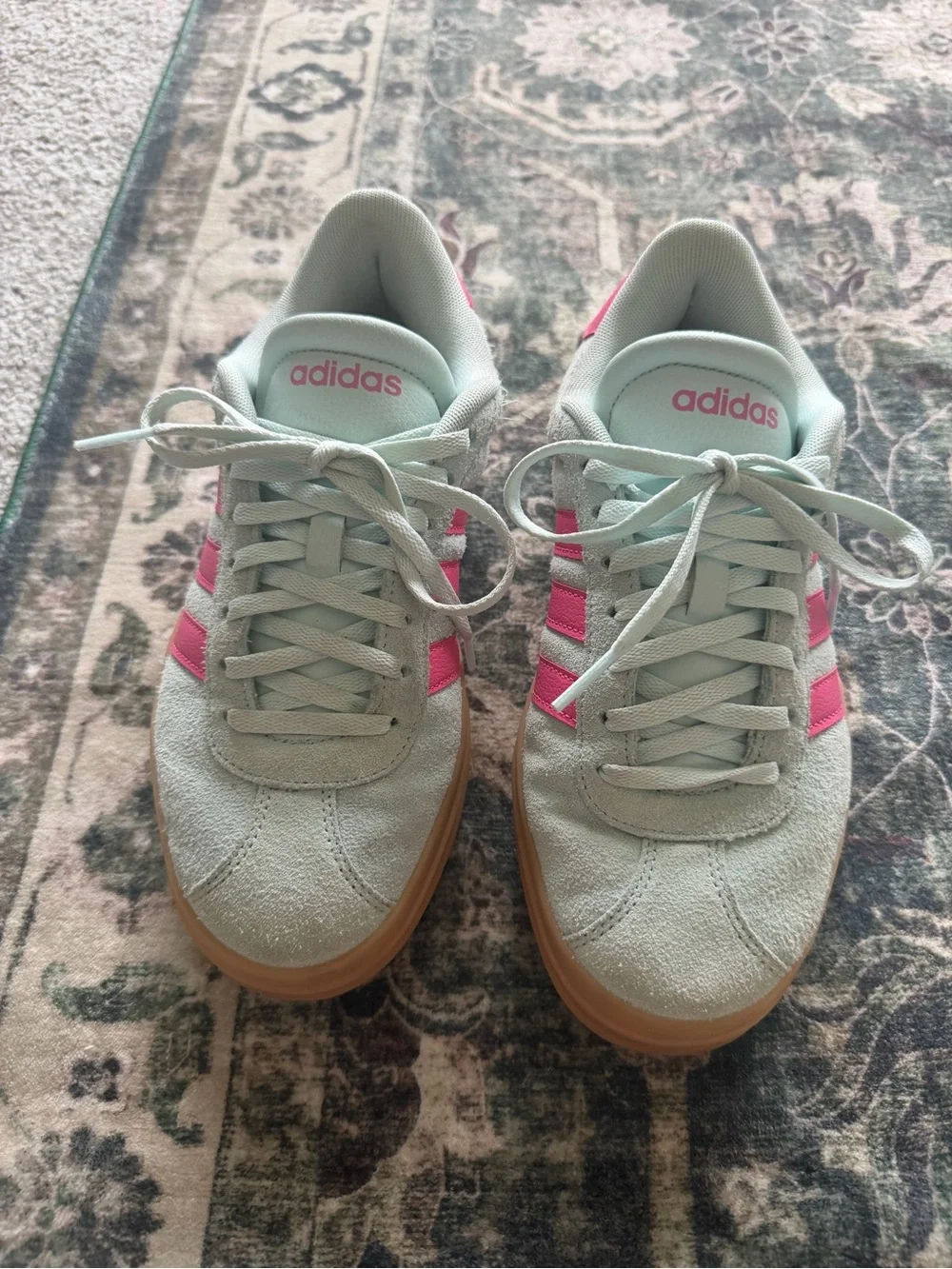 adidas Mint Green Suede Sneakers with Pink Stripes